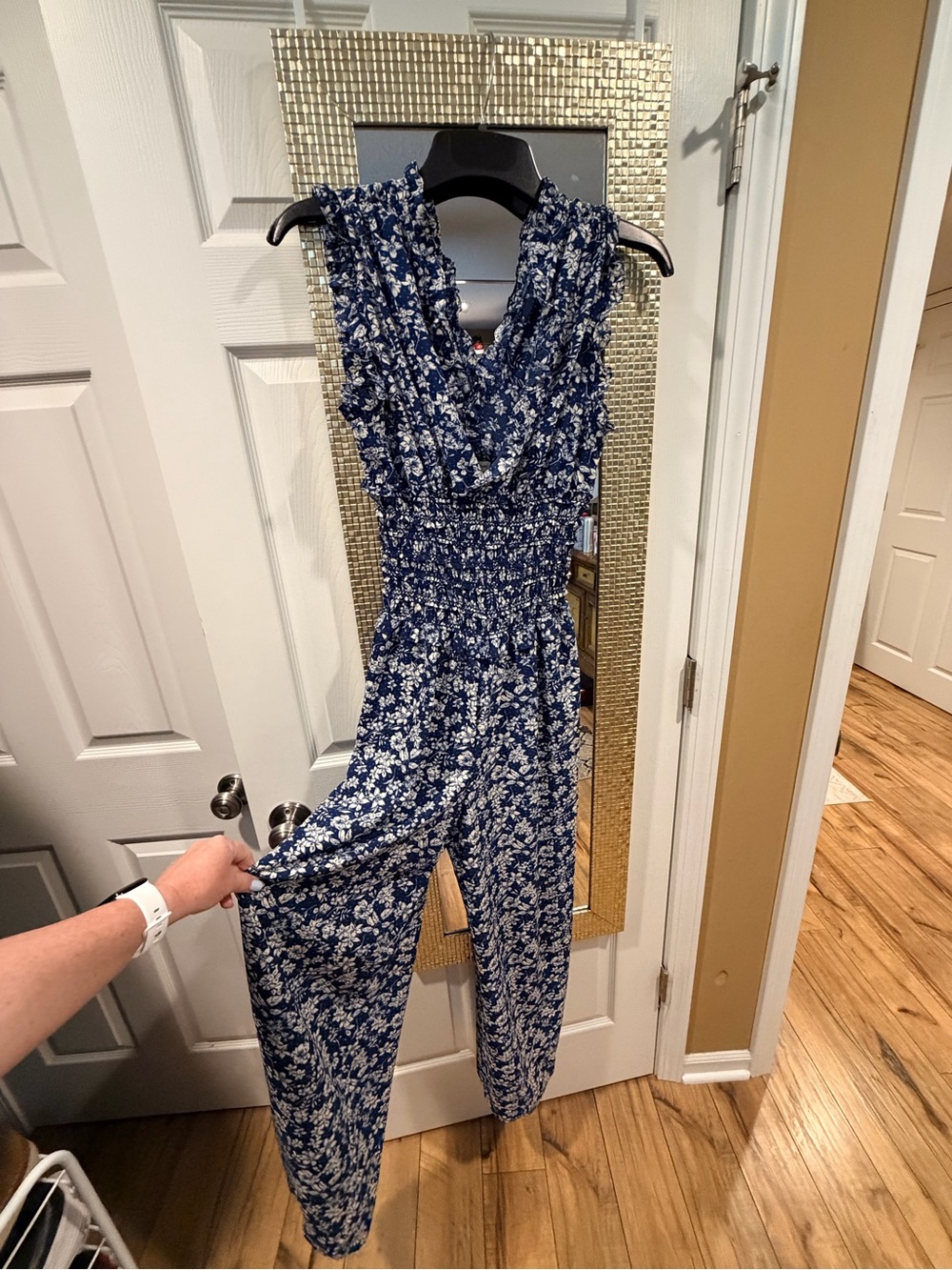 Max Studio Navy and White Floral Smocked-Waist Jumpsuit - Picture 5 of 7